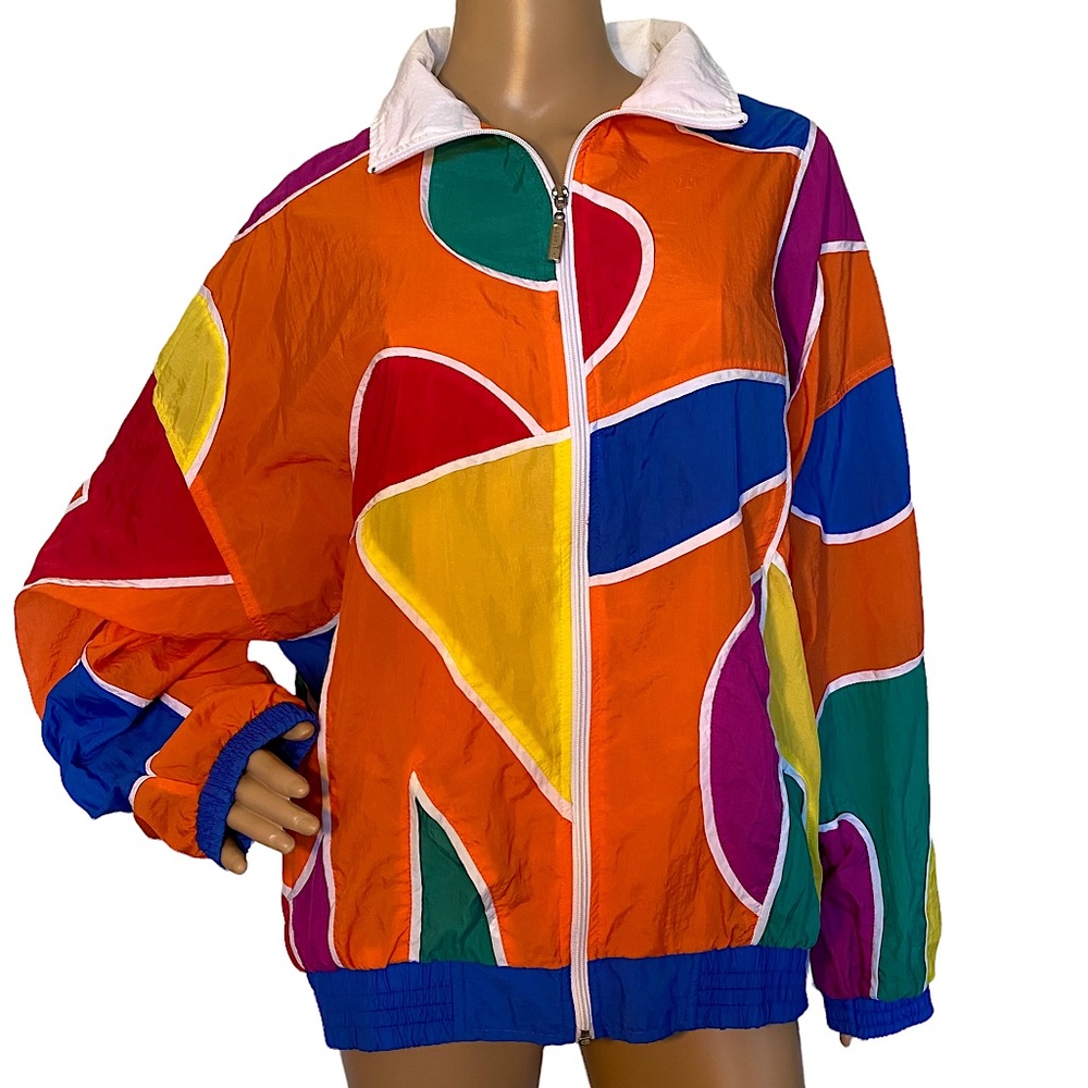 VINTAGE RARE 80s BOVATTINI ABSTRACT POLKA DOT NYLON WINDBREAKER JACKET  SZ L